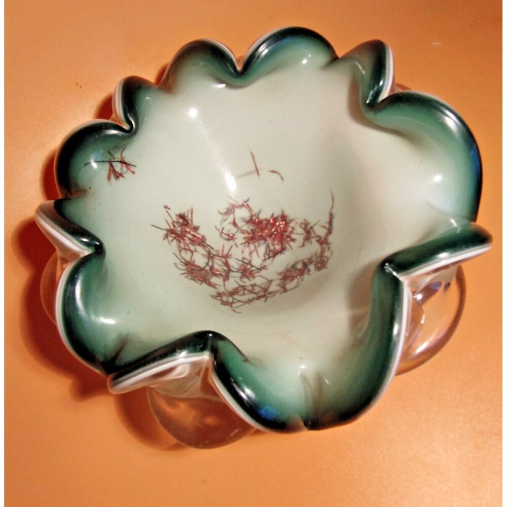 Vintage  Murano  Art Glass Bowl 7" x 7" Green, White, Clear